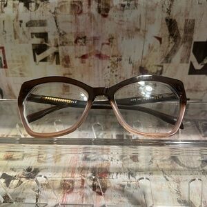 Karl Lagerfeld Gradient Brown Square Reading Glasses with prescription lenses.
